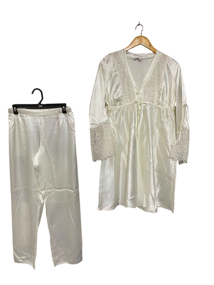 |M| B6| ELEGANT WHITE SATIN LACE-TRIM TUNIC & PANTS LOUNGEWEAR SET