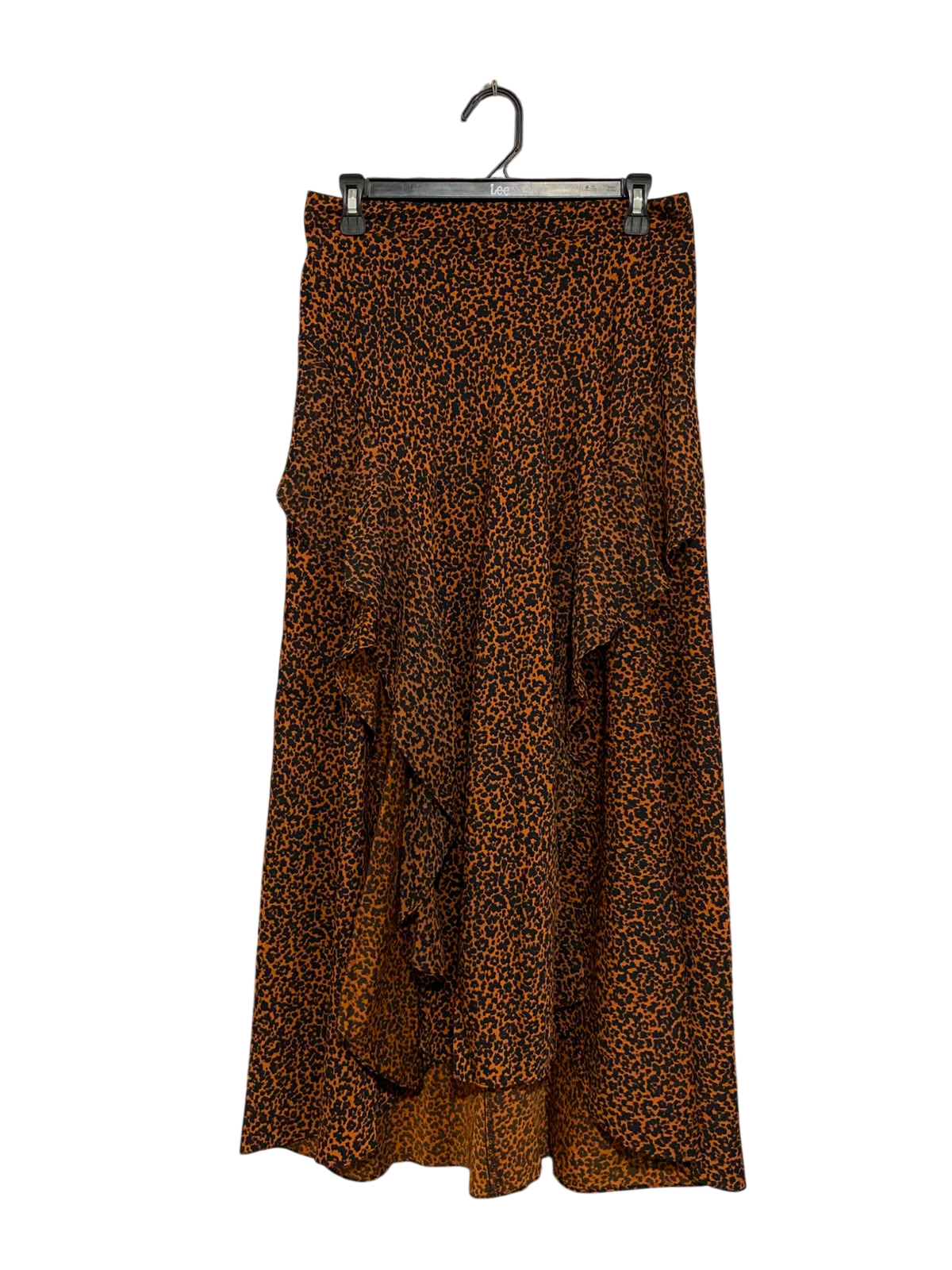 TOPSHOP |L| WAIST 30| A26| BROWN LEOPARD ANIMAL PRINT RUFFLE-TRIM HIGH-LOW MIDI SKIRT CASUAL WEAR
