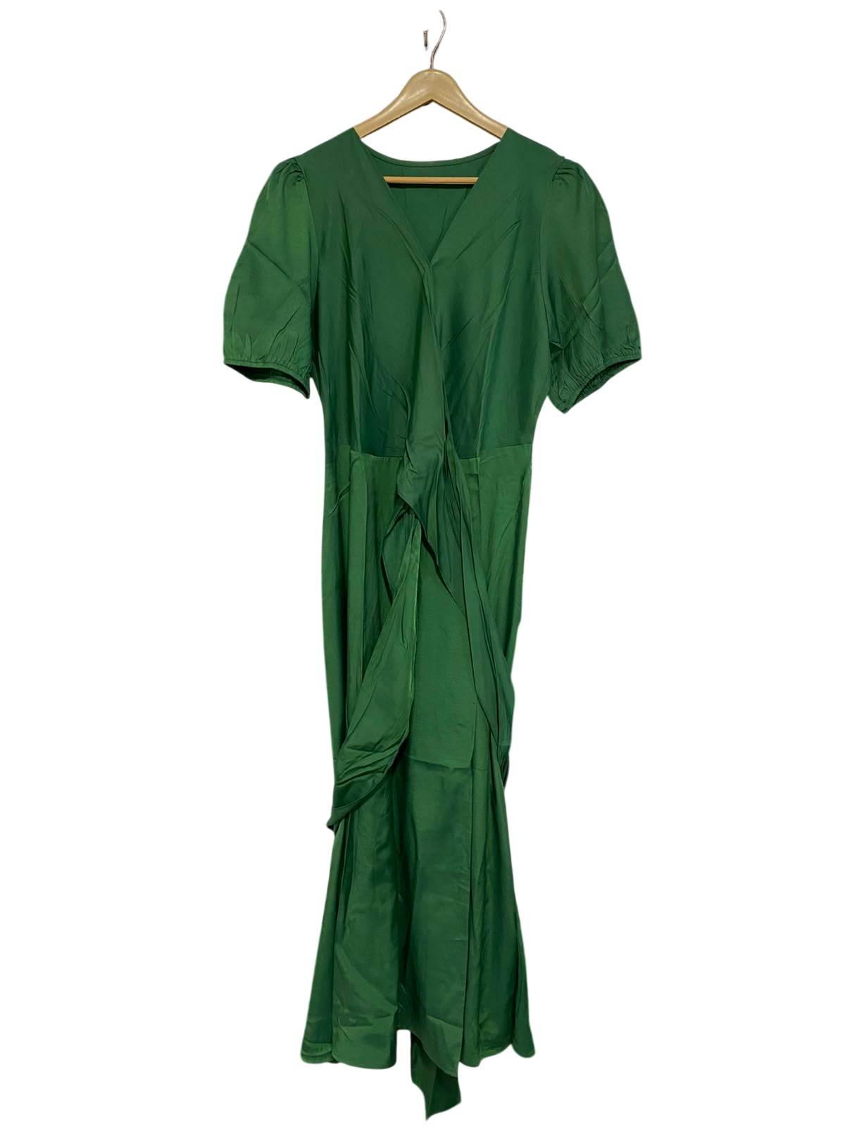 SHEIN |XL| BUST 20| A26| EMERALD GREEN FAUX-WRAP SHORT PUFF SLEEVE MIDI DRESS CASUAL WEAR