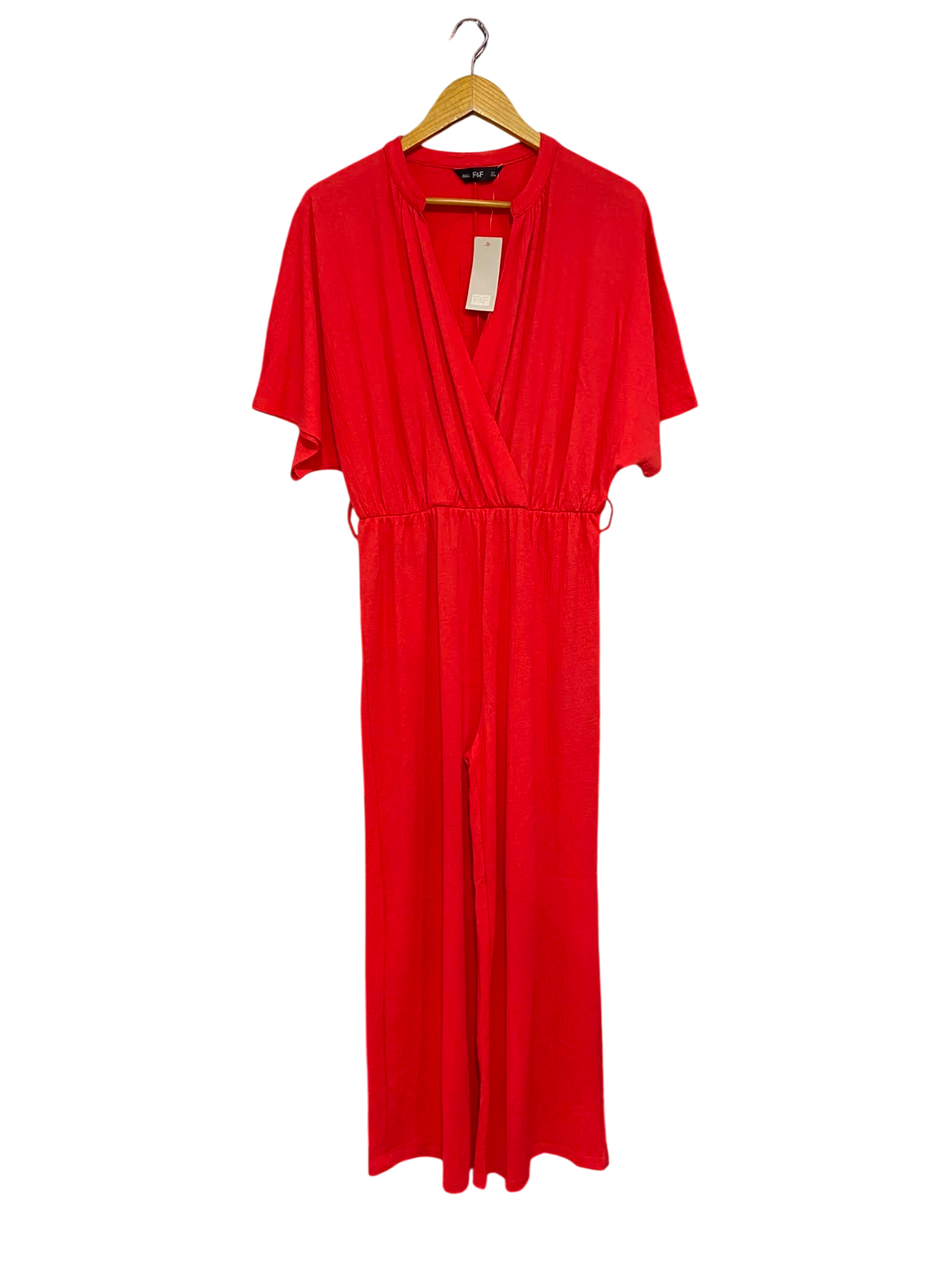 F&F |M| BUST FREE | A26| VIBRANT RED FAUX-WRAP SHORT SLEEVE WIDE-LEG JUMPSUIT CASUAL WEAR