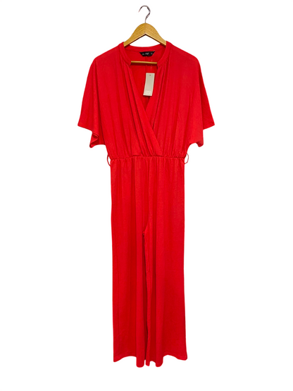 F&F |M| BUST FREE | A26| VIBRANT RED FAUX-WRAP SHORT SLEEVE WIDE-LEG JUMPSUIT CASUAL WEAR