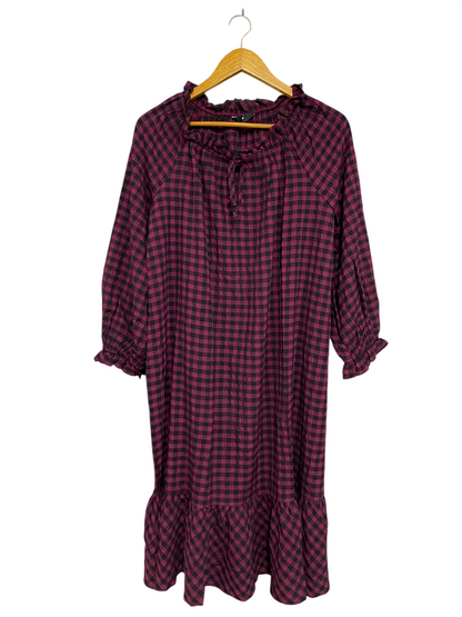LTS |M| BUST 22| A27| MAROON & BLACK GINGHAM PLAID RUFFLE-TRIM LONG-SLEEVE MIDI DRESS CASUAL WEAR