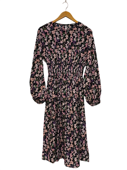 MISSGUIDED |S| BUST 16| A27| BLACK FLORAL PRINT SMOCKED WAIST LONG-SLEEVE MIDI DRESS CASUAL WEAR