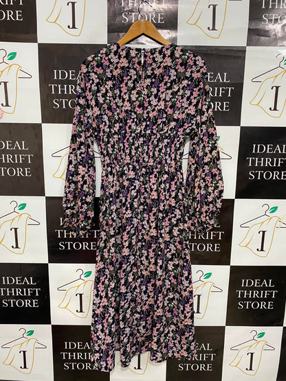 MISSGUIDED |S| BUST 16| A27| BLACK FLORAL PRINT SMOCKED WAIST LONG-SLEEVE MIDI DRESS CASUAL WEAR