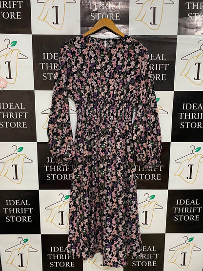 MISSGUIDED |S| BUST 16| A27| BLACK FLORAL PRINT SMOCKED WAIST LONG-SLEEVE MIDI DRESS CASUAL WEAR