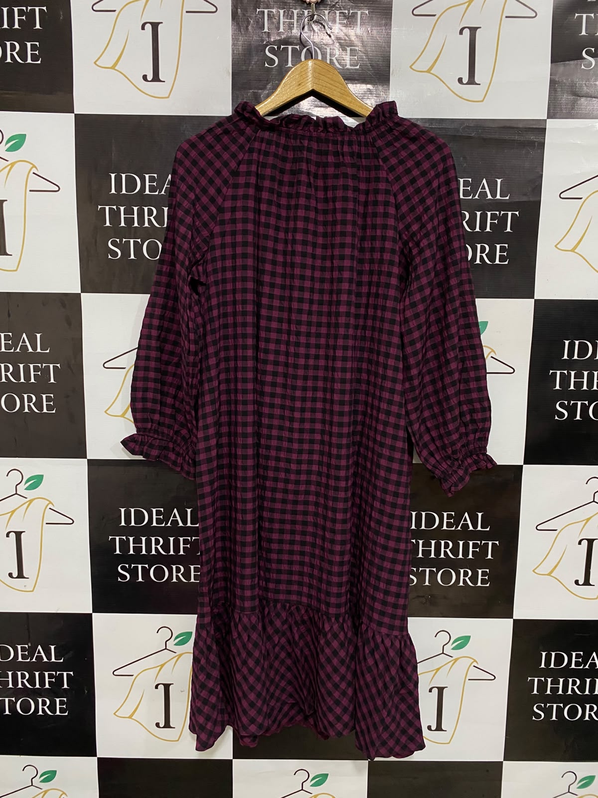 LTS |M| BUST 22| A27| MAROON & BLACK GINGHAM PLAID RUFFLE-TRIM LONG-SLEEVE MIDI DRESS CASUAL WEAR