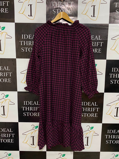 LTS |M| BUST 22| A27| MAROON & BLACK GINGHAM PLAID RUFFLE-TRIM LONG-SLEEVE MIDI DRESS CASUAL WEAR