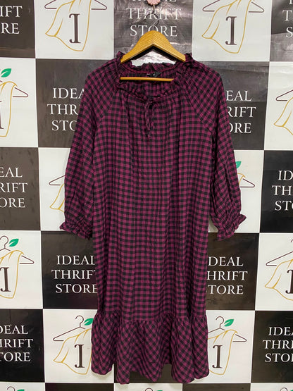 LTS |M| BUST 22| A27| MAROON & BLACK GINGHAM PLAID RUFFLE-TRIM LONG-SLEEVE MIDI DRESS CASUAL WEAR