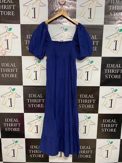 |XL| BUST 15| A27| ROYAL BLUE SQUARE NECK PUFF SLEEVE TIERED MIDI DRESS CASUAL WEAR