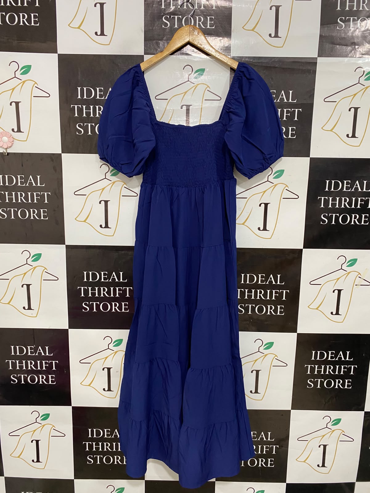 |XL| BUST 15| A27| ROYAL BLUE SQUARE NECK PUFF SLEEVE TIERED MIDI DRESS CASUAL WEAR