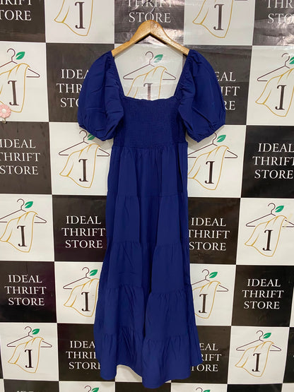 |XL| BUST 15| A27| ROYAL BLUE SQUARE NECK PUFF SLEEVE TIERED MIDI DRESS CASUAL WEAR
