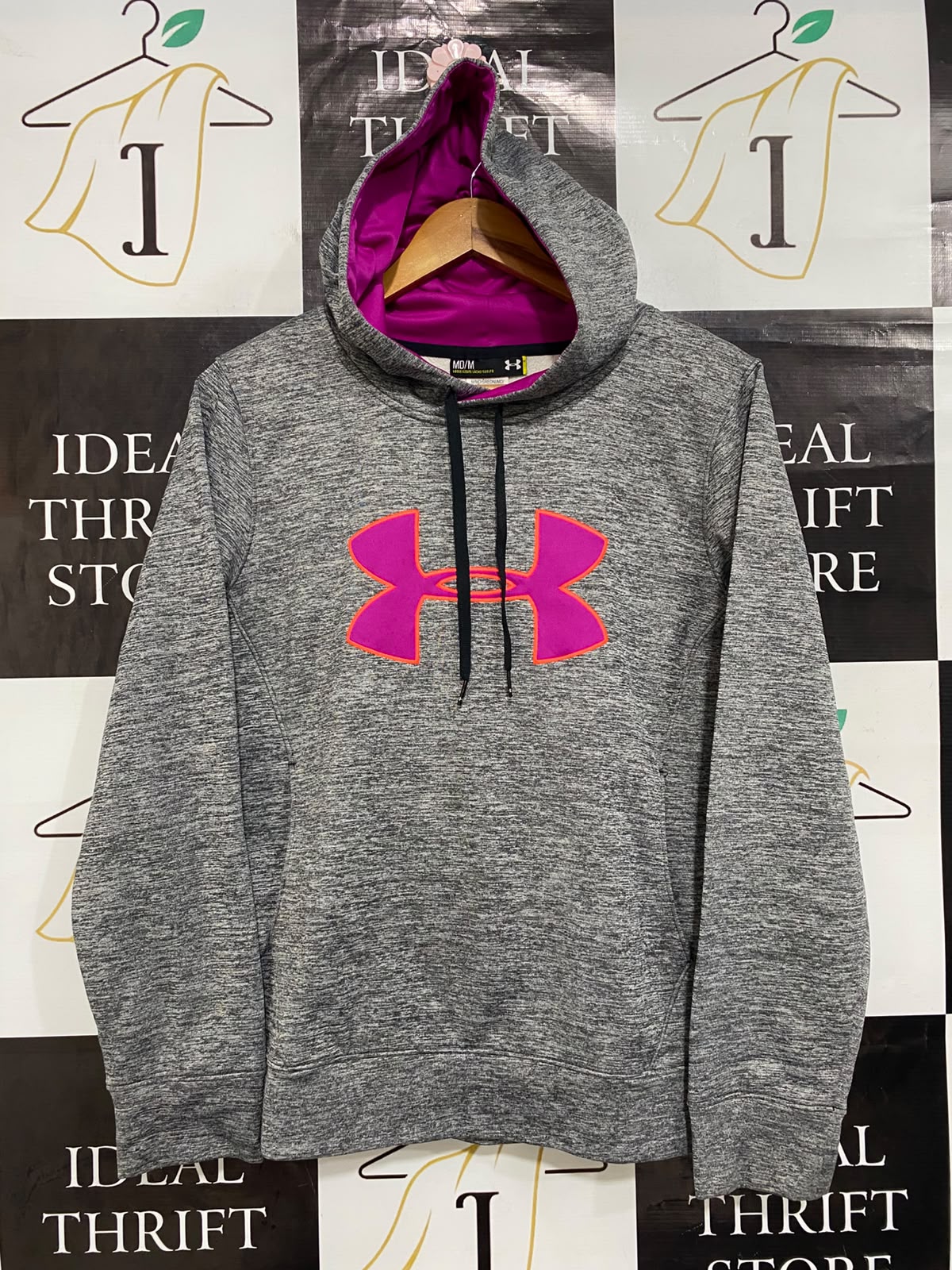 UNDER ARMOUR |M| BUST 20| A27| GREY & VIBRANT PINK LOGO PERFORMANCE FLEECE ATHLETIC HOODIE