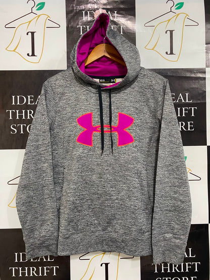UNDER ARMOUR |M| BUST 20| A27| GREY & VIBRANT PINK LOGO PERFORMANCE FLEECE ATHLETIC HOODIE
