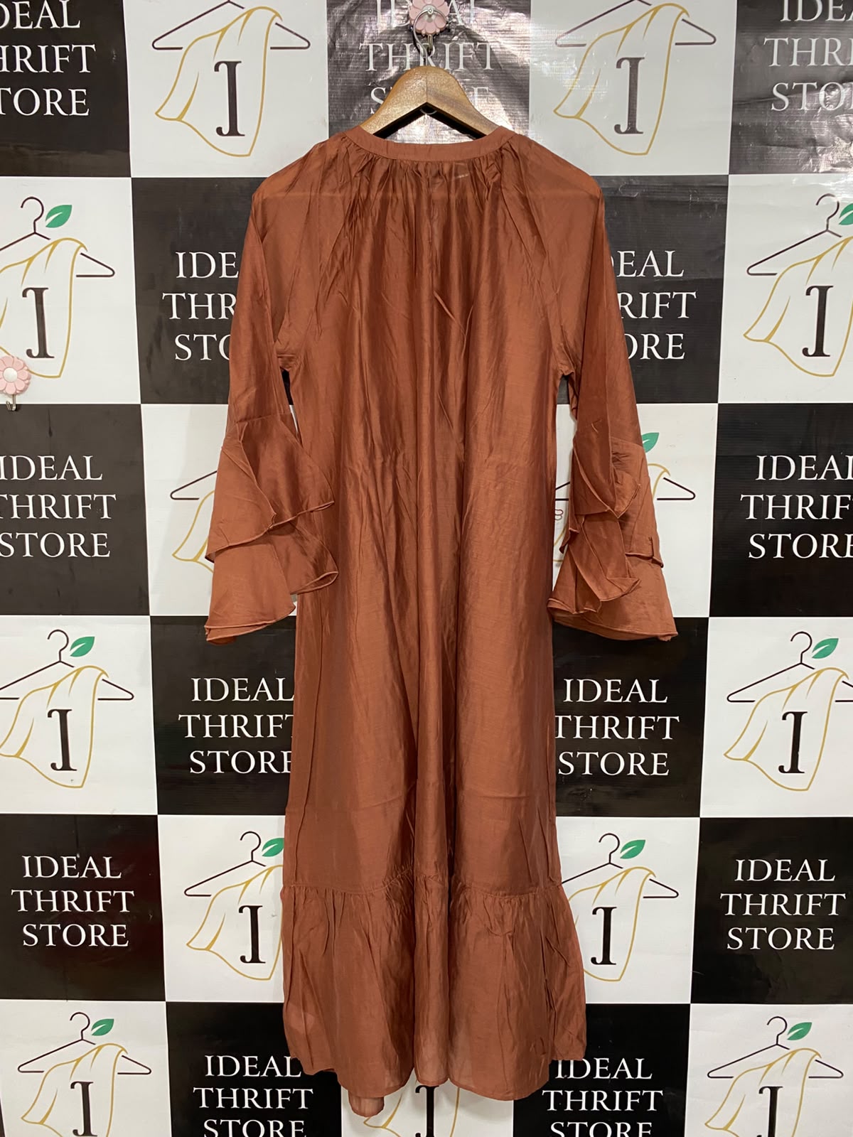 F&F |M| BUST 22| A26| RUST BROWN MULTI-TIERED RUFFLE SLEEVE MIDI DRESS CASUAL WEAR