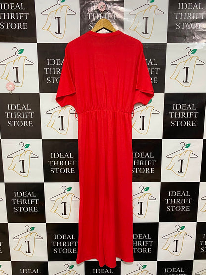 F&F |M| BUST FREE | A26| VIBRANT RED FAUX-WRAP SHORT SLEEVE WIDE-LEG JUMPSUIT CASUAL WEAR