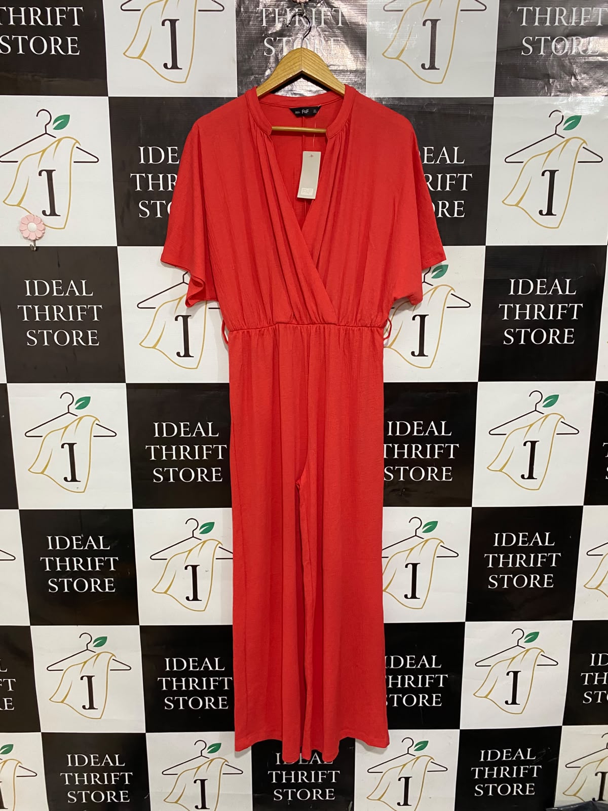 F&F |M| BUST FREE | A26| VIBRANT RED FAUX-WRAP SHORT SLEEVE WIDE-LEG JUMPSUIT CASUAL WEAR