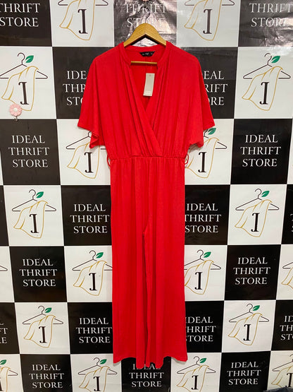 F&F |M| BUST FREE | A26| VIBRANT RED FAUX-WRAP SHORT SLEEVE WIDE-LEG JUMPSUIT CASUAL WEAR