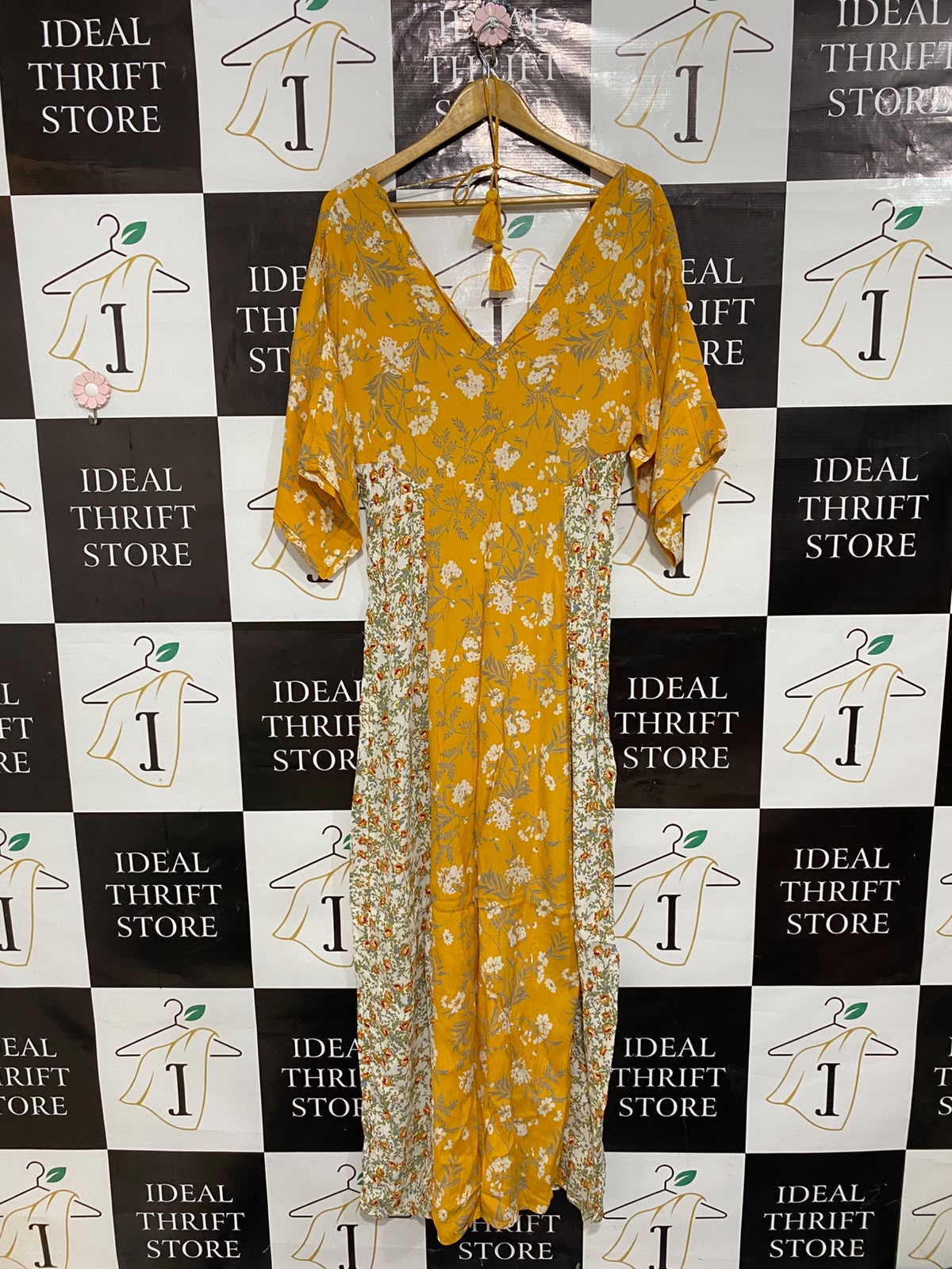 MISS SELFIDGE |M| BUST FREE| A26| MUSTARD YELLOW FLORAL PATCHWORK V-NECK MAXI DRESS CASUAL WEAR