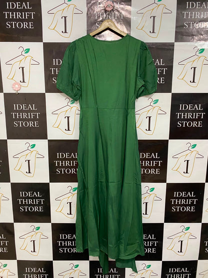 SHEIN |XL| BUST 20| A26| EMERALD GREEN FAUX-WRAP SHORT PUFF SLEEVE MIDI DRESS CASUAL WEAR