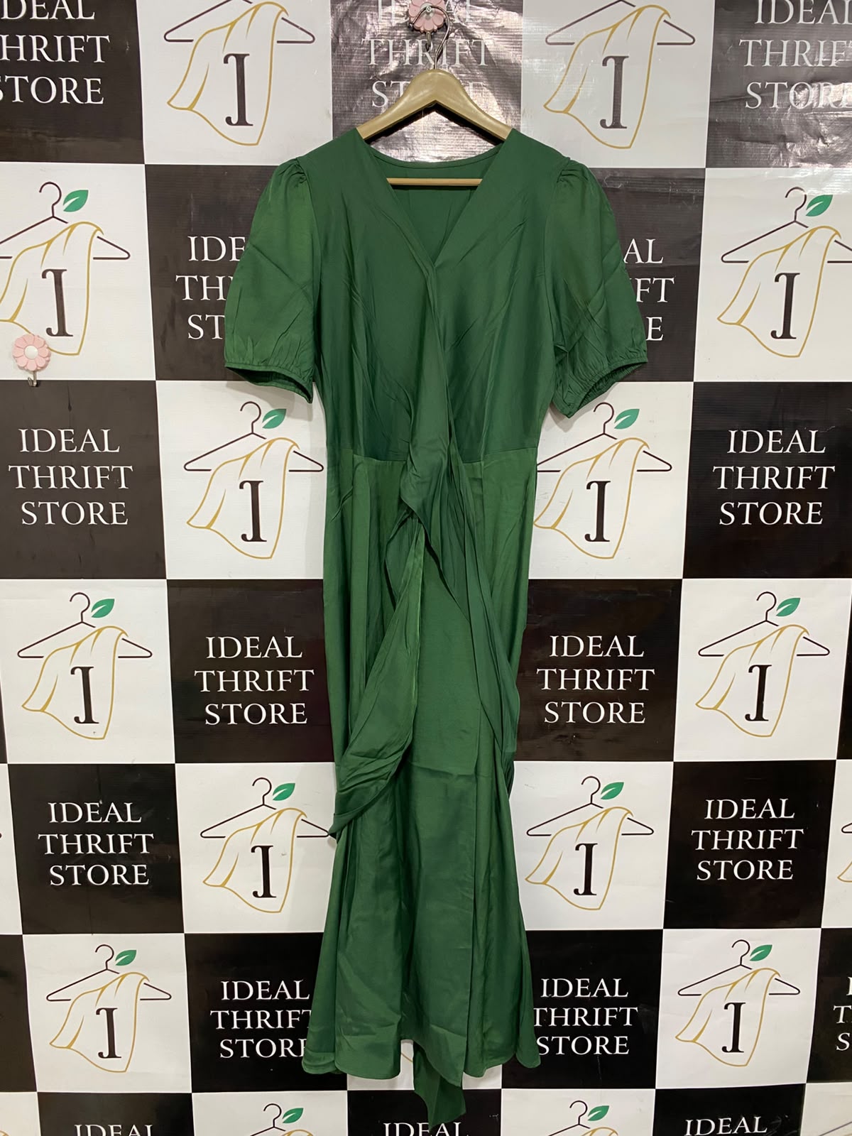 SHEIN |XL| BUST 20| A26| EMERALD GREEN FAUX-WRAP SHORT PUFF SLEEVE MIDI DRESS CASUAL WEAR
