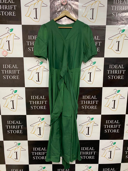 SHEIN |XL| BUST 20| A26| EMERALD GREEN FAUX-WRAP SHORT PUFF SLEEVE MIDI DRESS CASUAL WEAR