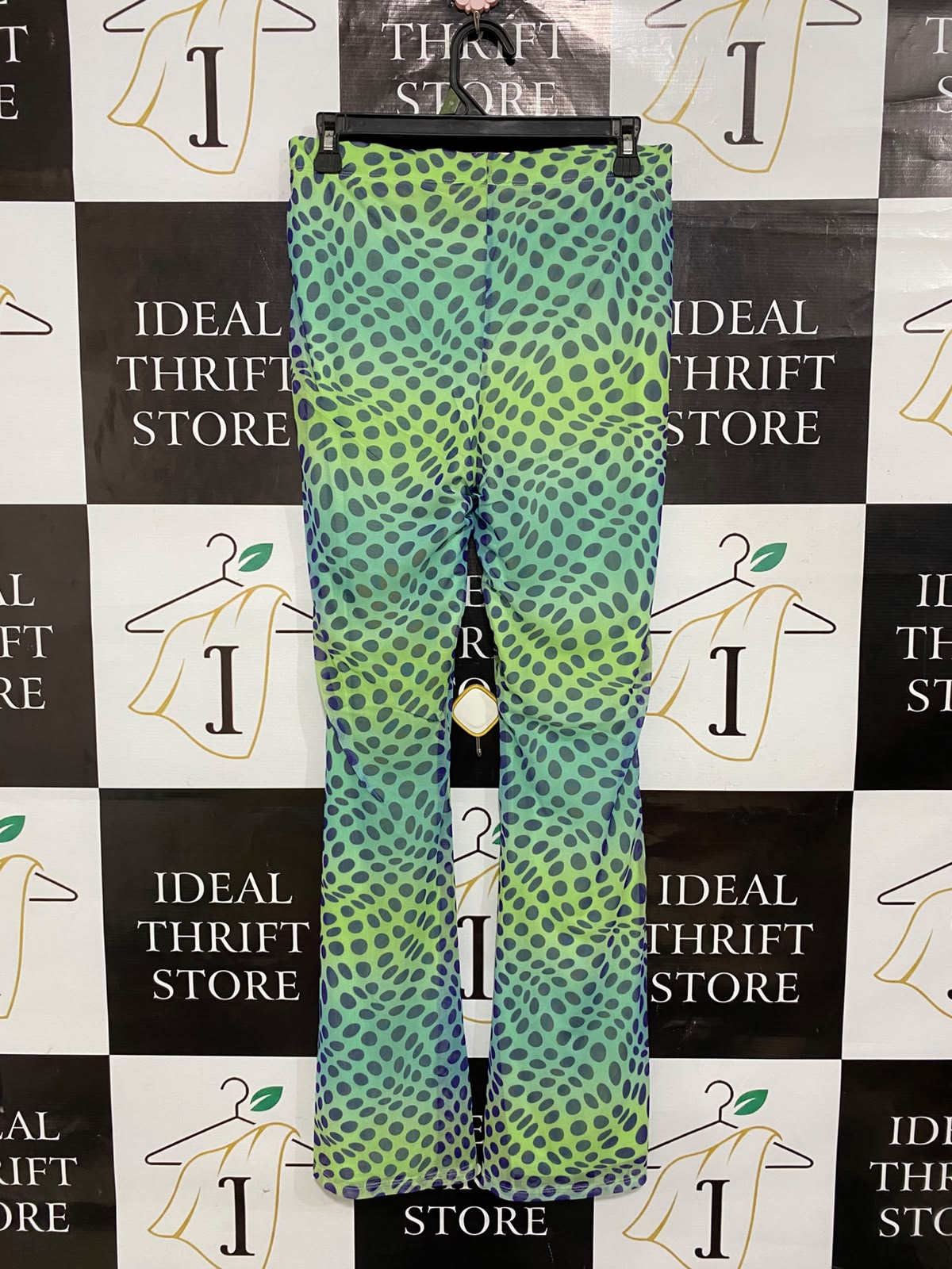 PRIMARK |M| WAIST 28| A26| GREEN & BLUE ABSTRACT DOT PRINT MESH FLARED TROUSERS CASUAL WEAR