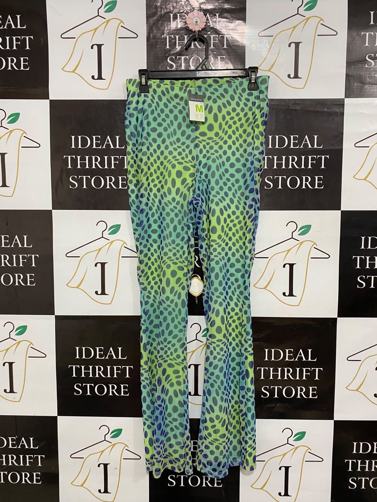 PRIMARK |M| WAIST 28| A26| GREEN & BLUE ABSTRACT DOT PRINT MESH FLARED TROUSERS CASUAL WEAR