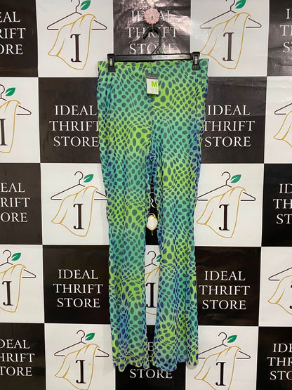 PRIMARK |M| WAIST 28| A26| GREEN & BLUE ABSTRACT DOT PRINT MESH FLARED TROUSERS CASUAL WEAR
