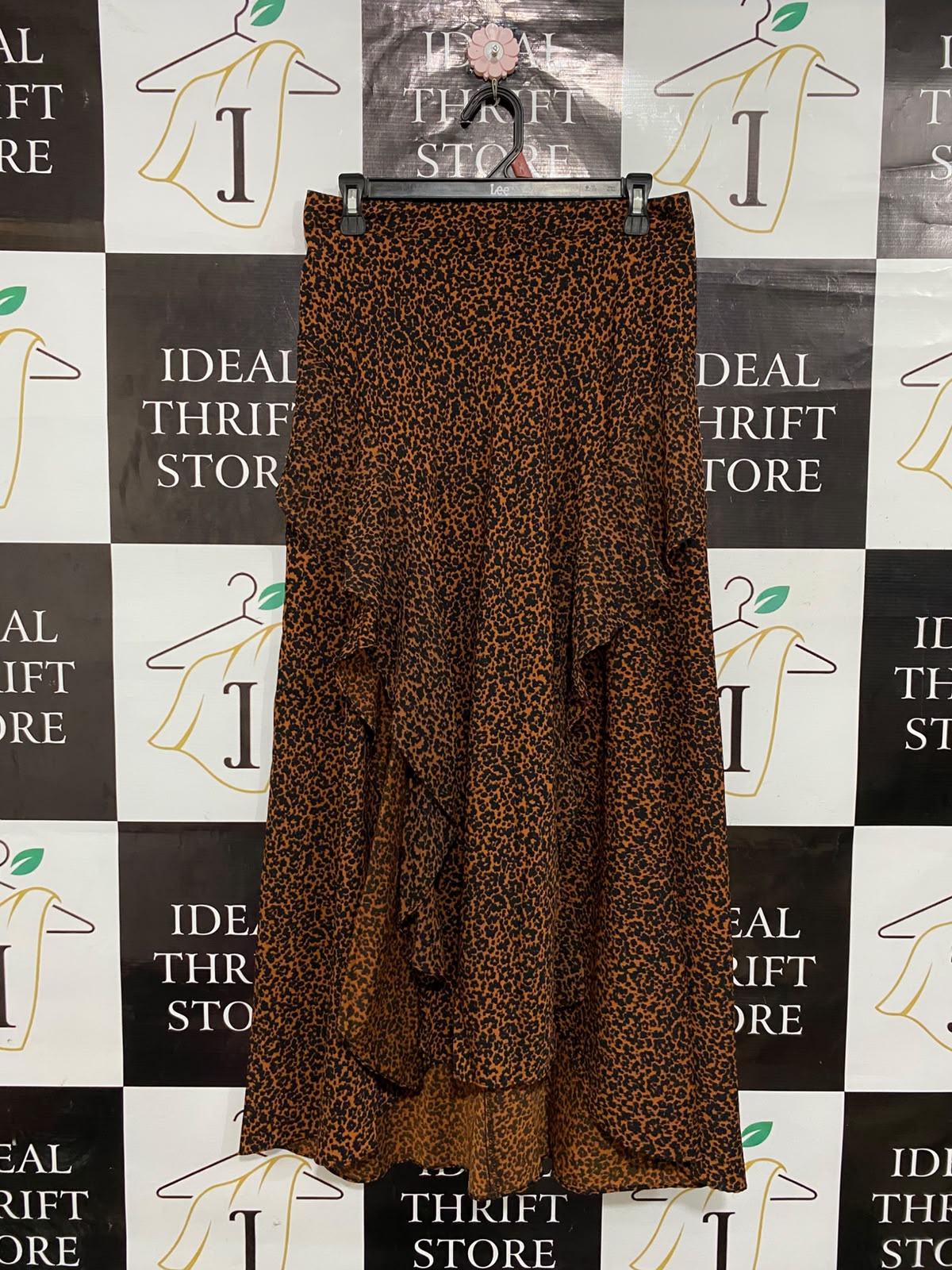 TOPSHOP |L| WAIST 30| A26| BROWN LEOPARD ANIMAL PRINT RUFFLE-TRIM HIGH-LOW MIDI SKIRT CASUAL WEAR