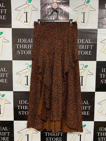 TOPSHOP |L| WAIST 30| A26| BROWN LEOPARD ANIMAL PRINT RUFFLE-TRIM HIGH-LOW MIDI SKIRT CASUAL WEAR