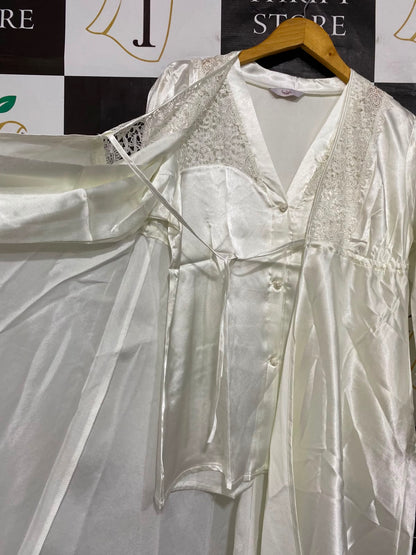 |M| B6| ELEGANT WHITE SATIN LACE-TRIM TUNIC & PANTS LOUNGEWEAR SET