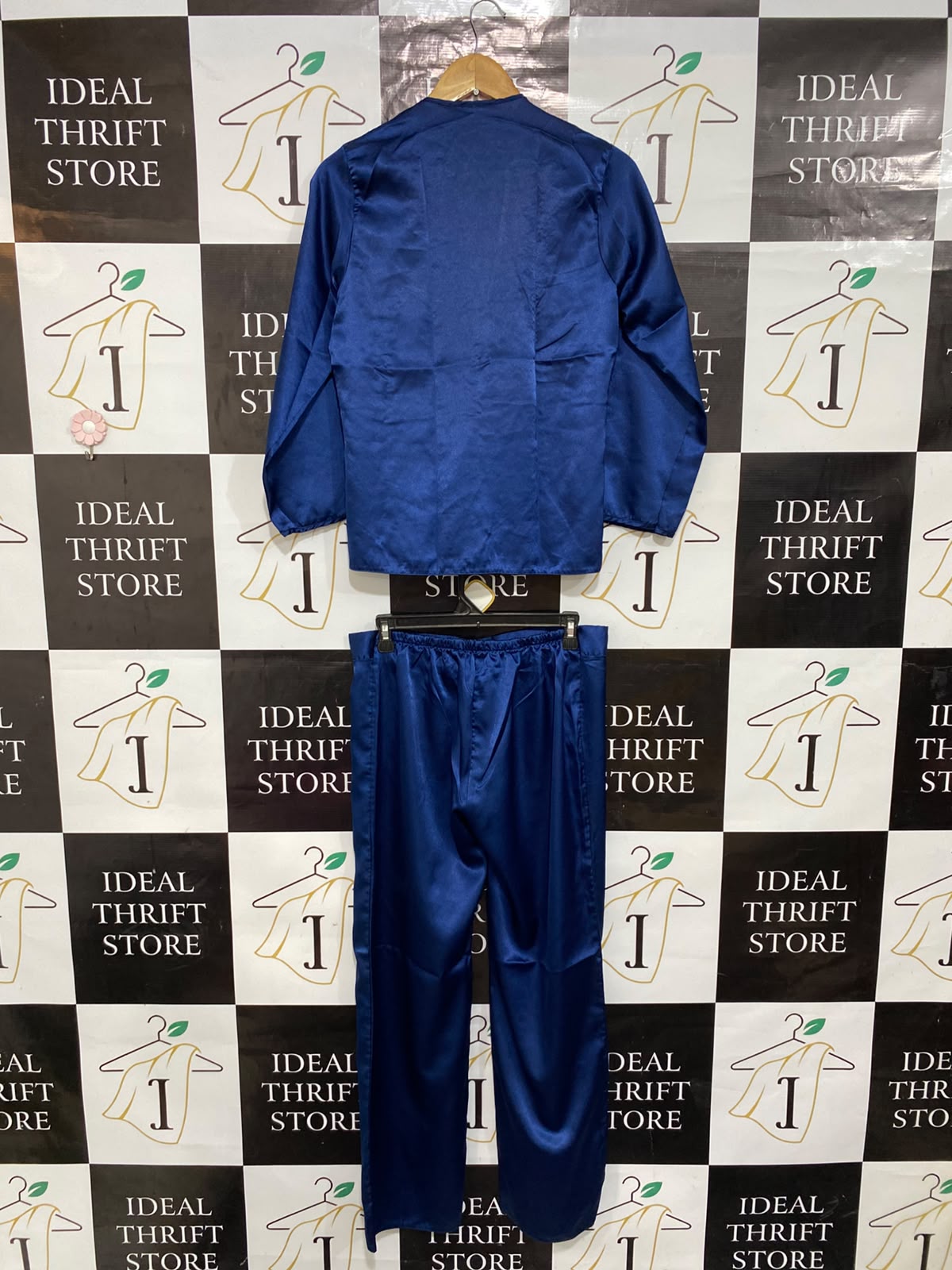 JEREMI |L| B32| ELEGANT ROYAL BLUE SATIN LACE-TRIM BUTTON-DOWN TUNIC & PANTS LOUNGEWEAR SET