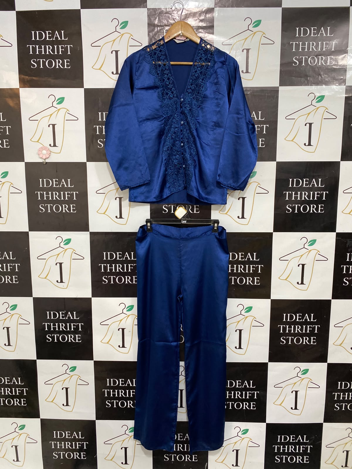 JEREMI |L| B32| ELEGANT ROYAL BLUE SATIN LACE-TRIM BUTTON-DOWN TUNIC & PANTS LOUNGEWEAR SET