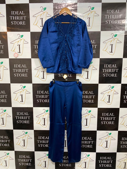 JEREMI |L| B32| ELEGANT ROYAL BLUE SATIN LACE-TRIM BUTTON-DOWN TUNIC & PANTS LOUNGEWEAR SET