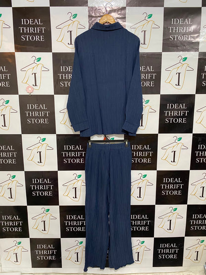 SHEIN |S| B32| NAVY BLUE CRINKLED BUTTON-DOWN SHIRT & WIDE-LEG PANTS LOUNGEWEAR SET