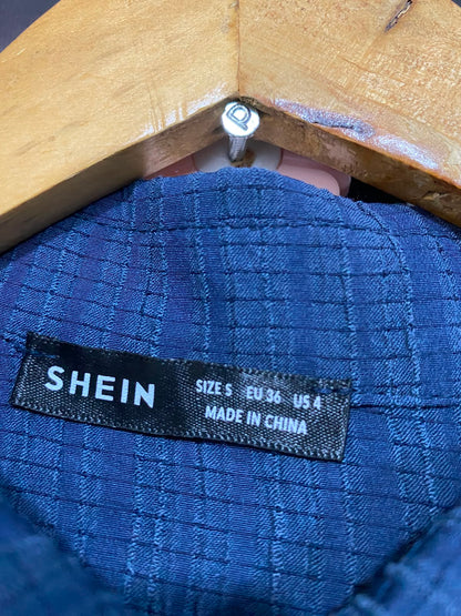 SHEIN |S| B32| NAVY BLUE CRINKLED BUTTON-DOWN SHIRT & WIDE-LEG PANTS LOUNGEWEAR SET