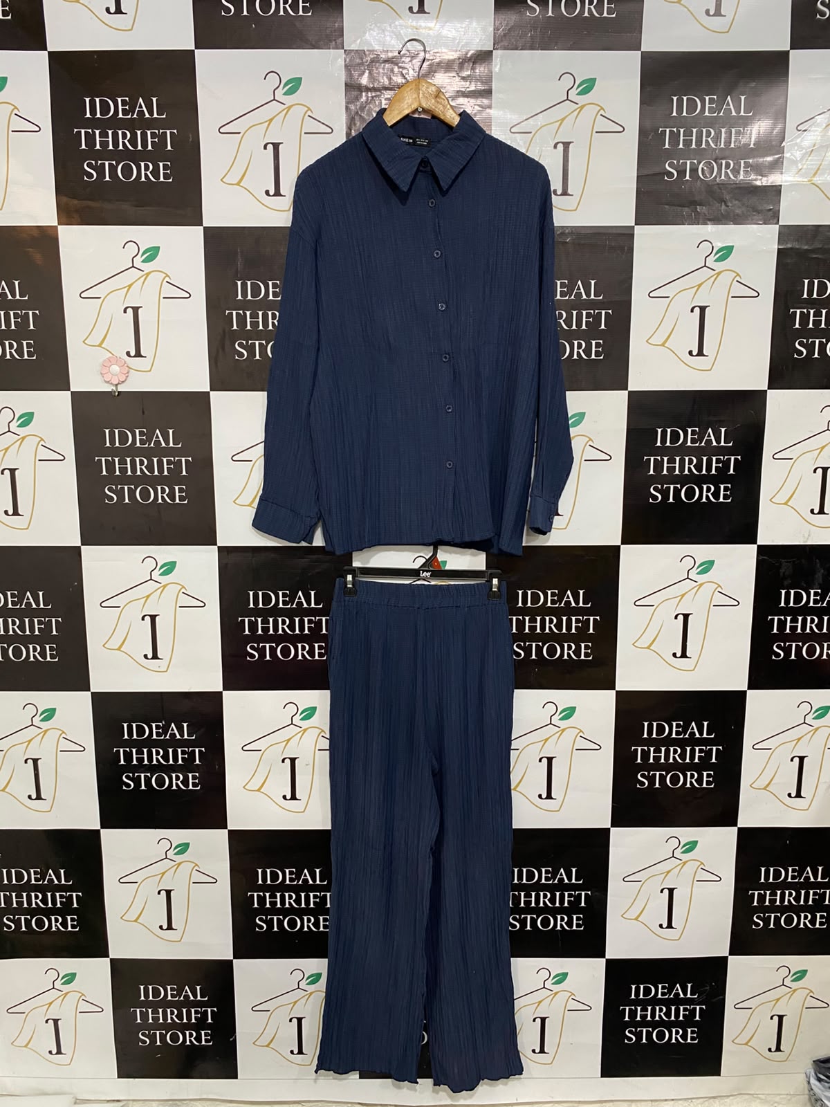 SHEIN |S| B32| NAVY BLUE CRINKLED BUTTON-DOWN SHIRT & WIDE-LEG PANTS LOUNGEWEAR SET