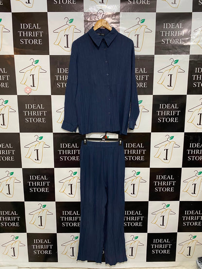 SHEIN |S| B32| NAVY BLUE CRINKLED BUTTON-DOWN SHIRT & WIDE-LEG PANTS LOUNGEWEAR SET