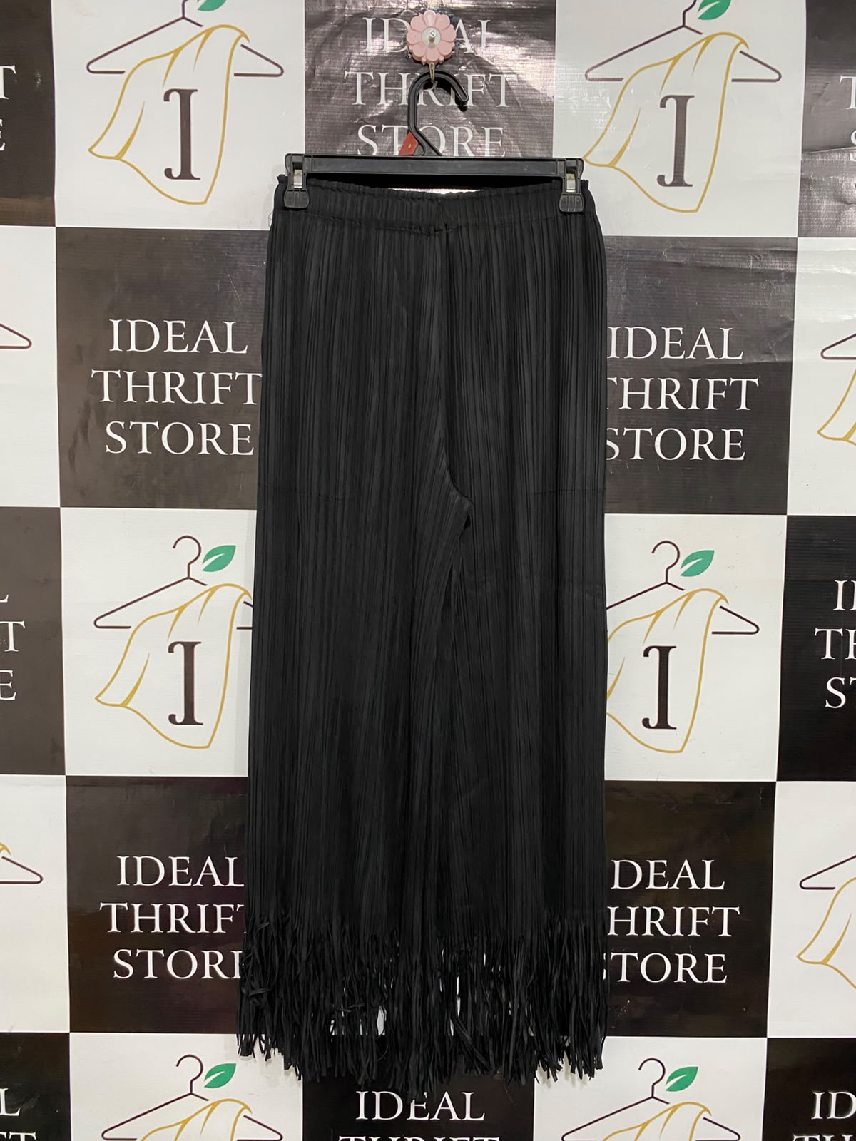 |XS| WAIST 24| A26| BLACK CRINKLED PLEATED FRINGE-HEM WIDE-LEG CASUAL TROUSERS