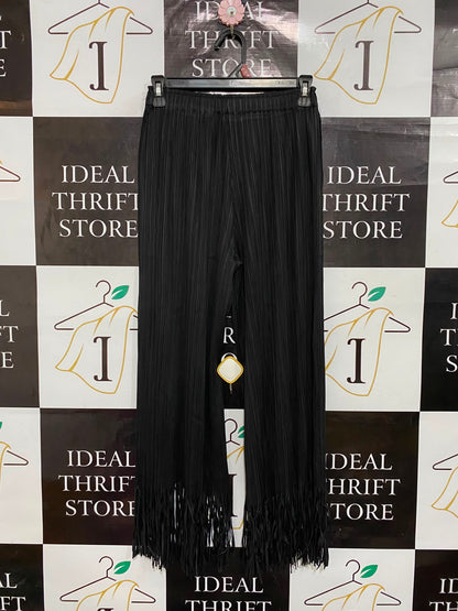 |XS| WAIST 24| A26| BLACK CRINKLED PLEATED FRINGE-HEM WIDE-LEG CASUAL TROUSERS