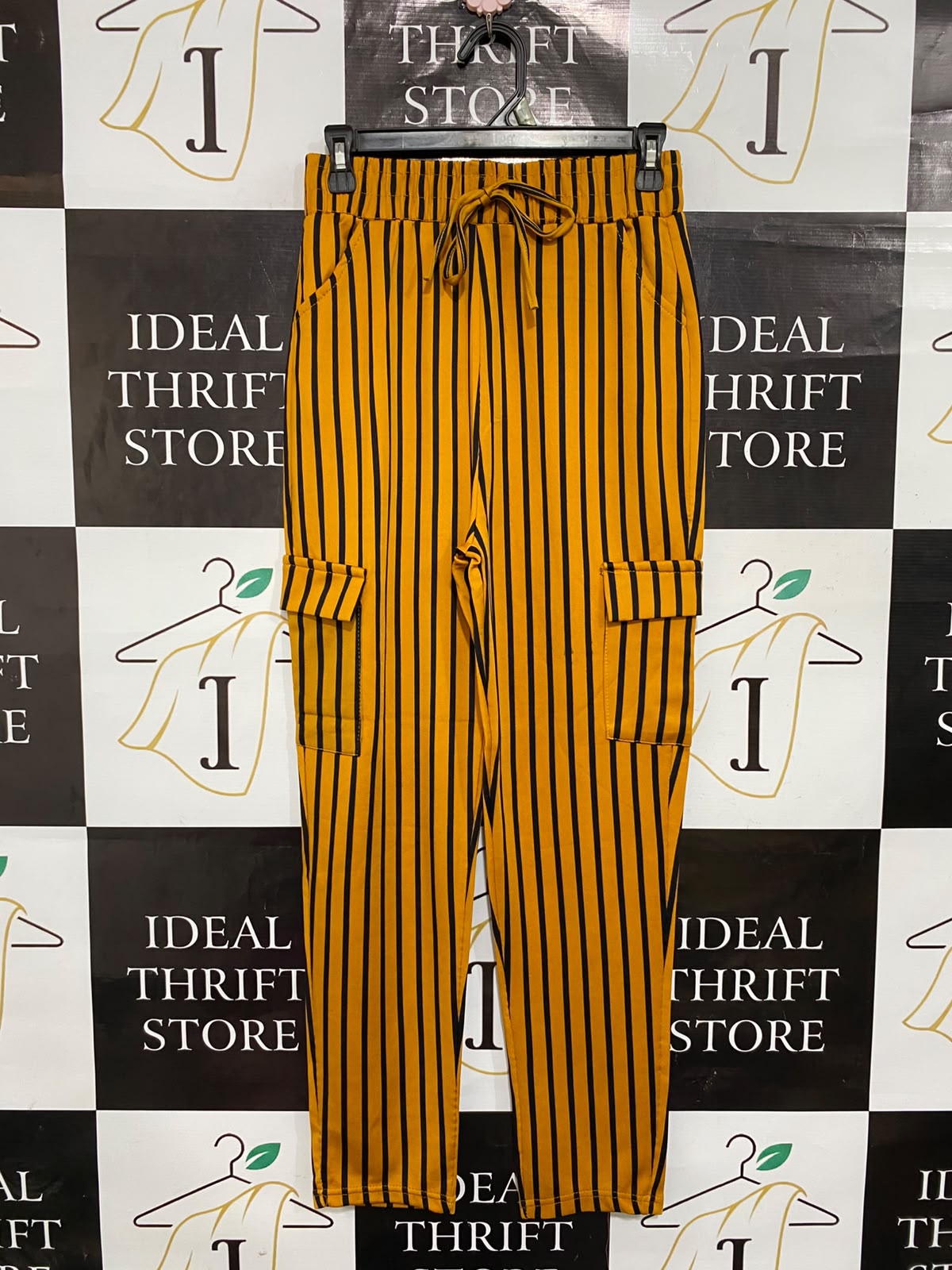 |L/XL| WAIST 26| A26| MUSTARD YELLOW & BLACK STRIPED CARGO CASUAL TROUSERS