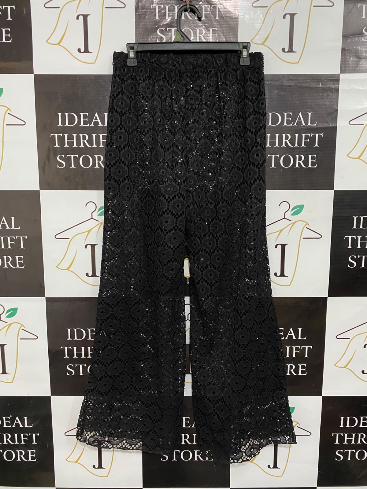 |L| WAIST 29| A26| BLACK CROCHET LACE SHEER WIDE-LEG CASUAL TROUSERS