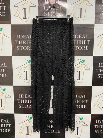 |L| WAIST 29| A26| BLACK CROCHET LACE SHEER WIDE-LEG CASUAL TROUSERS