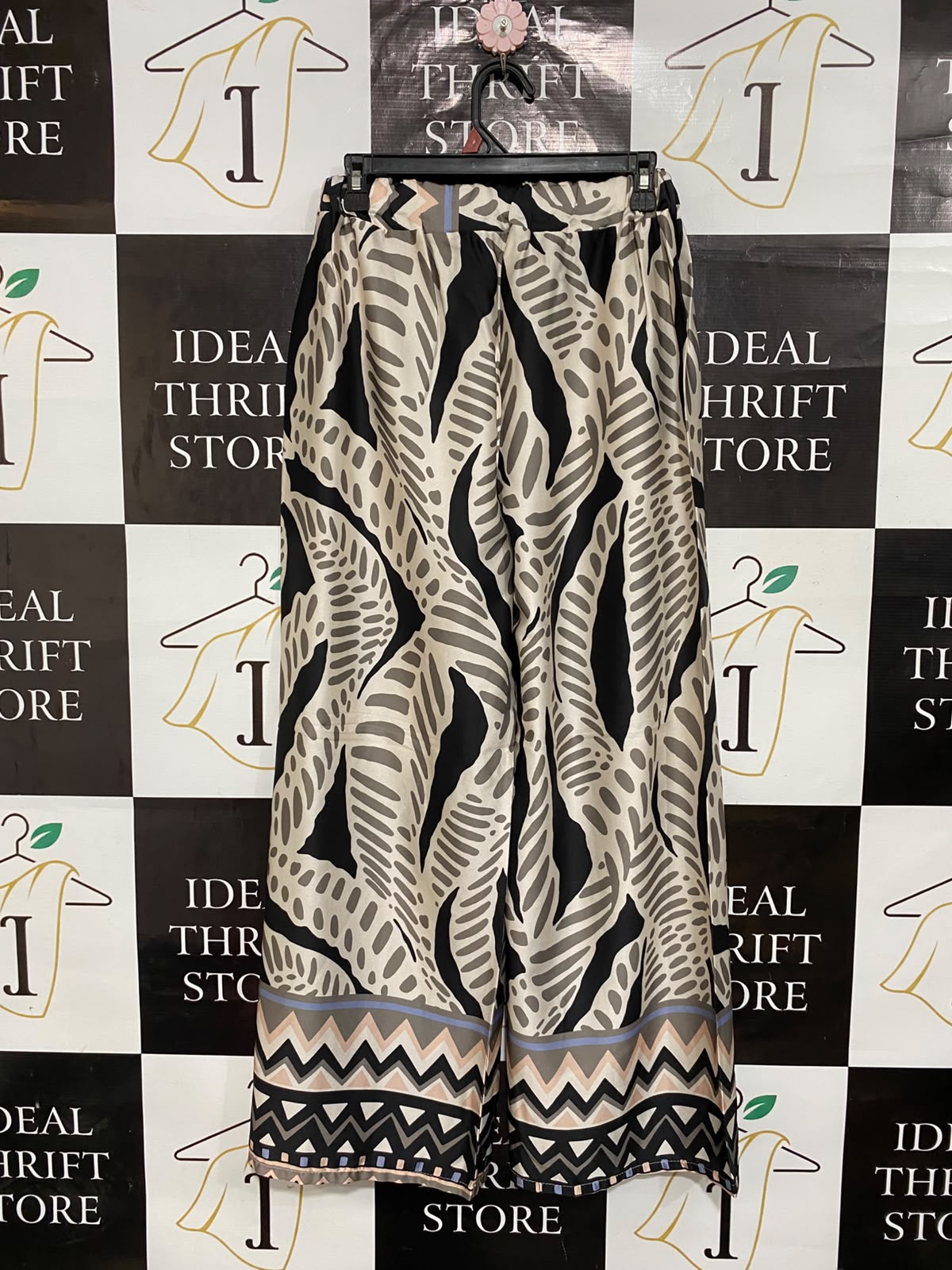 |S| WAIST 26| A26| BOHEMIAN LEAF & GEOMETRIC BORDER PRINT WIDE-LEG CASUAL TROUSERS
