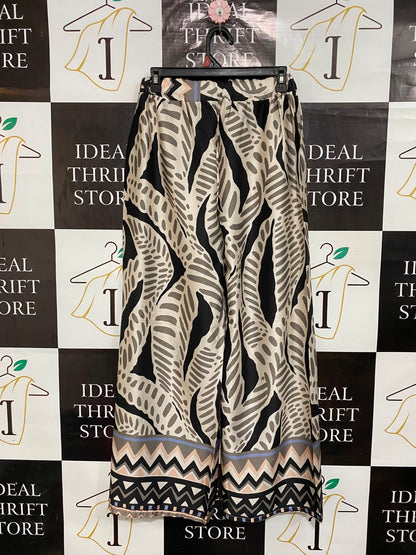 |S| WAIST 26| A26| BOHEMIAN LEAF & GEOMETRIC BORDER PRINT WIDE-LEG CASUAL TROUSERS