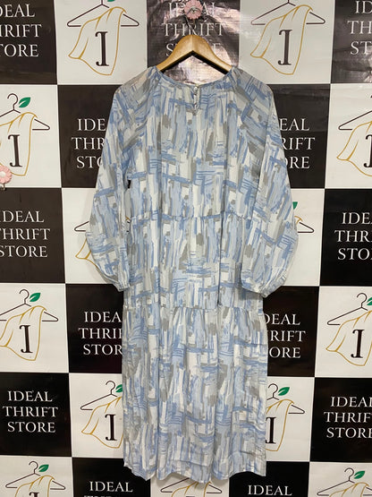 DAZY |L| BUST 20| A26| ABSTRACT BLUE BRUSHSTROKE PRINT TIERED LONG-SLEEVE MIDI DRESS