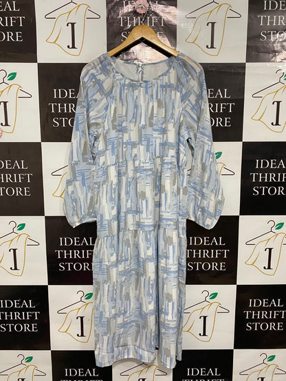 DAZY |L| BUST 20| A26| ABSTRACT BLUE BRUSHSTROKE PRINT TIERED LONG-SLEEVE MIDI DRESS