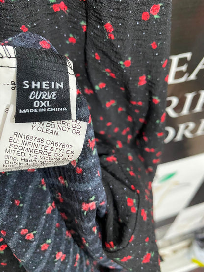 SHEIN CURVE |XL| BUST 18| A26| BLACK & RED FLORAL PRINT SQUARE-NECK BUTTON-DOWN MIDI DRESS