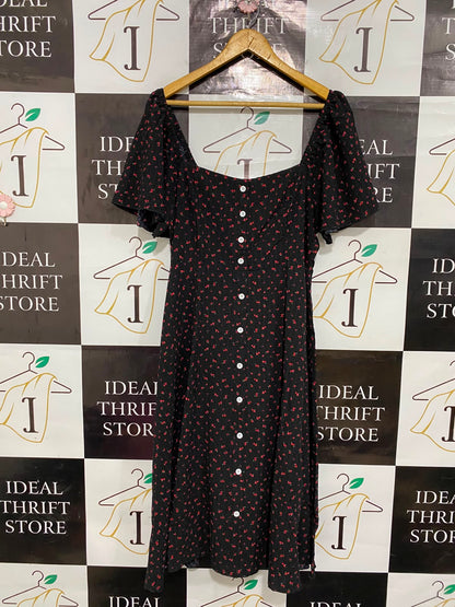 SHEIN CURVE |XL| BUST 18| A26| BLACK & RED FLORAL PRINT SQUARE-NECK BUTTON-DOWN MIDI DRESS