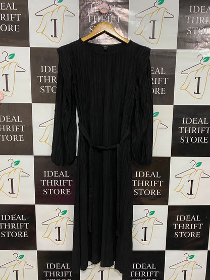RIVER ISLAND |M| BUST 18| A26| CHIC BLACK CRINKLED PLEATED LONG-SLEEVE MIDI DRESS WITH TIE WAIST